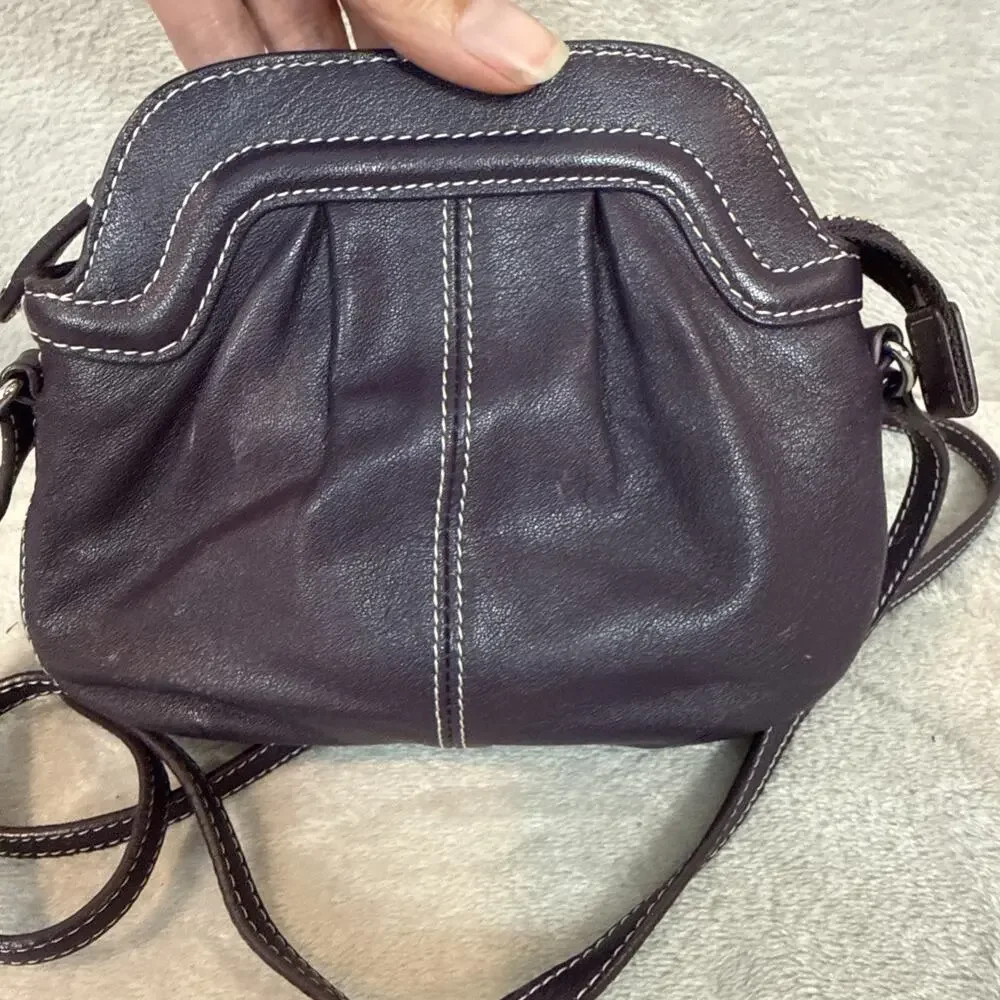 Levenger Carezza On-the-Town Eggplant Leather Pouch Cross Body Micro Bag Zip